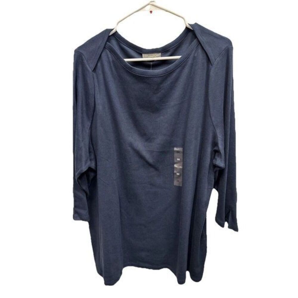 Style & Co Shirt Women 3X Navy Blue Pima Cotton 3/4 Sleeve Crew Neck Top New